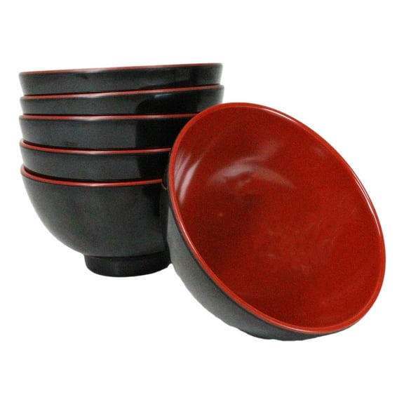 Set Of 6 Red And Black Round Appetizer Soup Salad Rice Melamine Bowls 4.5"D