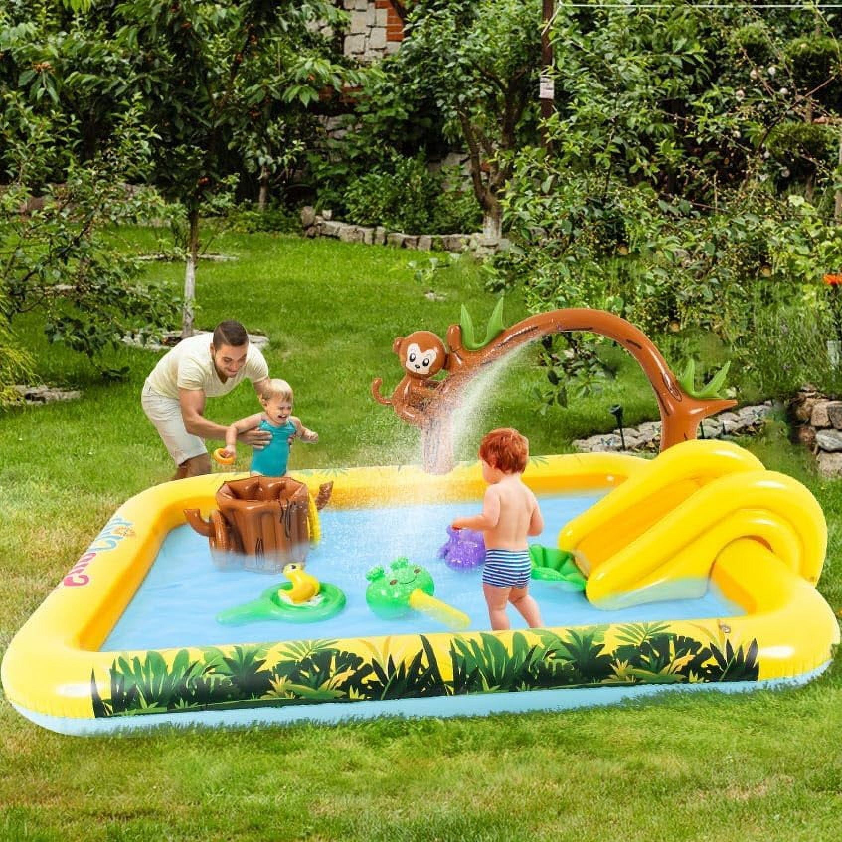Inflatable Play Center, Inflatable Swimming Pool with Slide, Cartoon Animals Sprinkler Toy with Base Pool, Monkey, Tree Stump for Garden Backyard