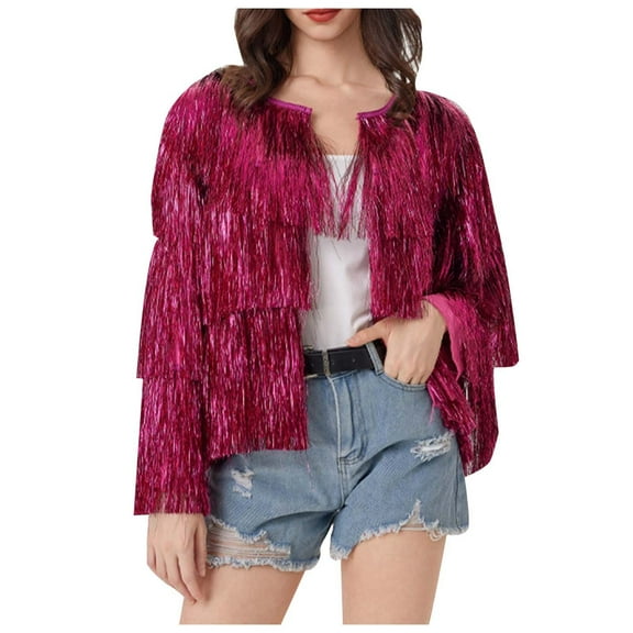 Women Jacket Glitter Tassel Cropped Fashion Long Sleeve Open Front Festival Carnival Fringe Outwear Coat