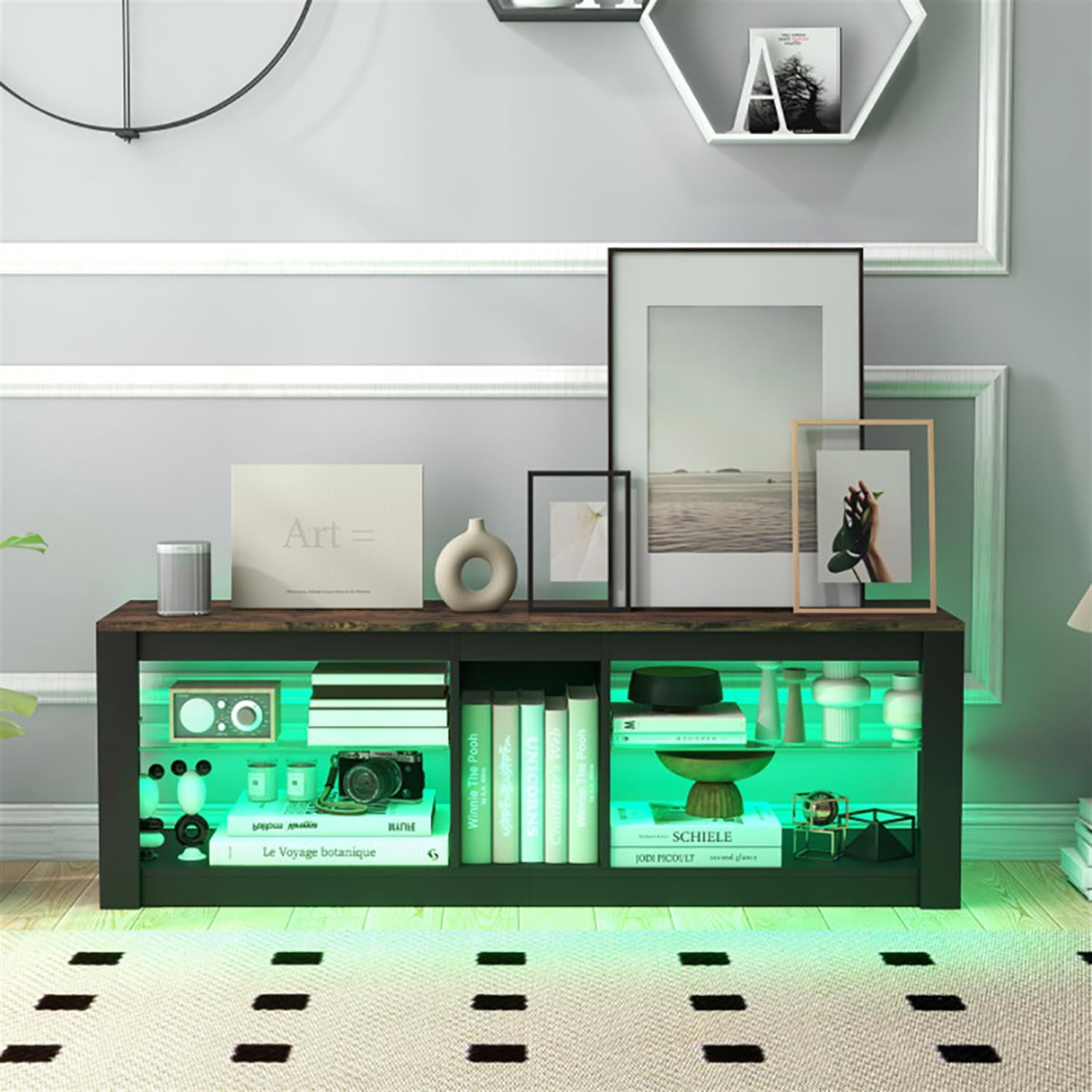 Demi Bonn TV Stand for 65" TVs, Entertainment Center with LED Light and Adjustable Shelves, Modern Media TV Console Table for Living Room Bedroom, Brown