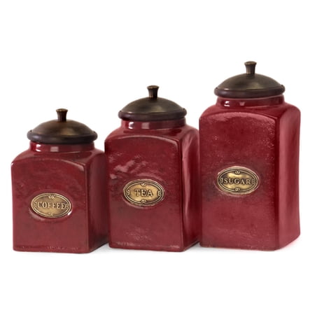 Set Of 3 Rustic Red Lidded Ceramic Kitchen Canisters Walmart Com
