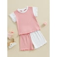 thumbnail image 3 of Bagilaanoe 2pcs Toddler Baby Girl Shorts Set Contrast Color Short Sleeve T Shirt Tops + Shorts 6M 12M 18M 24M 3T 4T Kids Casual Summer Clothes, 3 of 7