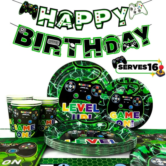 Video Game Party Supplies, 66pcs Video Game Party Tableware Set - Green Plates Napkins Cups Table Cloth Decorations Banner etc Gaming Birthday Party Supplies