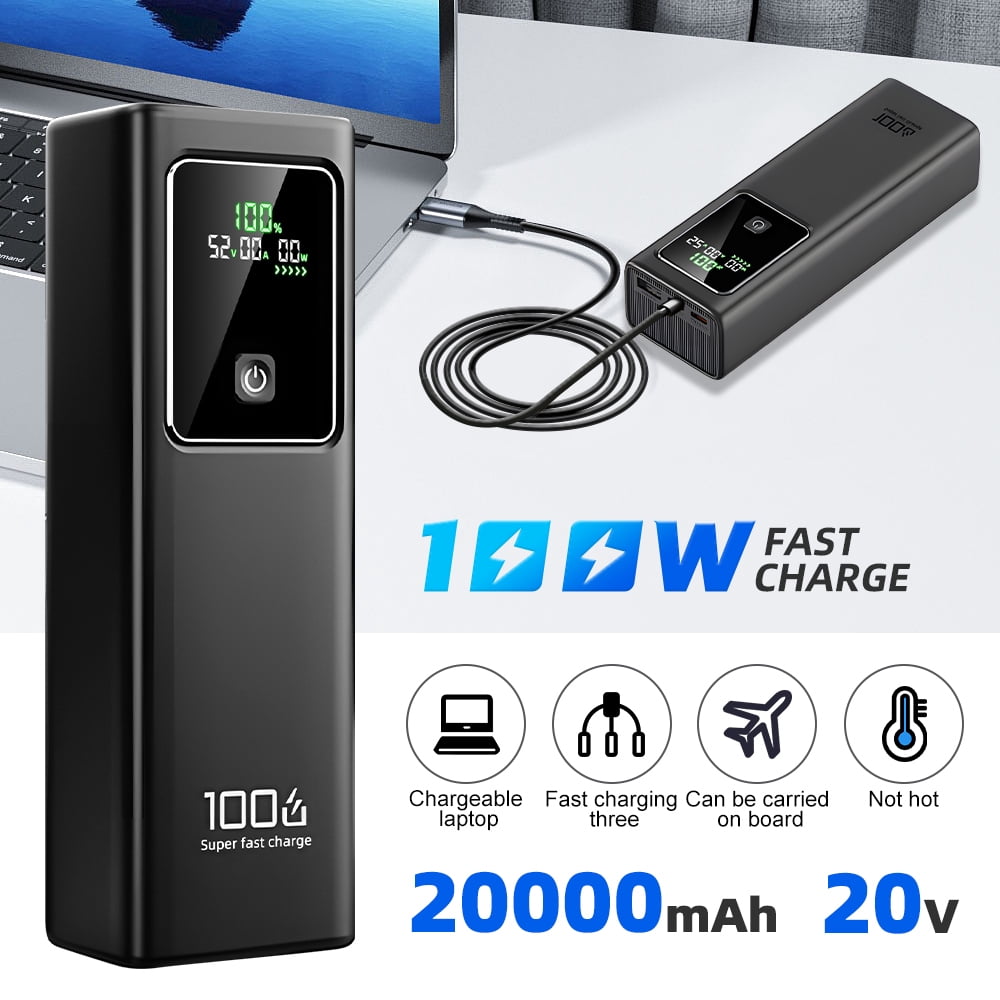 100W 20000mAh Fast Charging Portable Power Bank, High Quality Battery for Laptops, Phones and Gaming Devices, Black