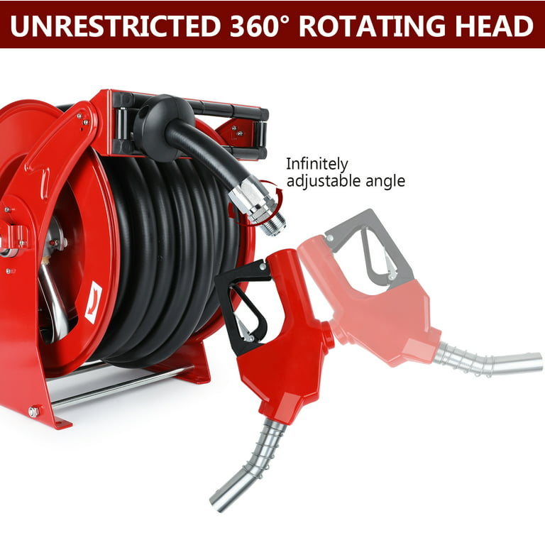 Fuel Hose Reel with Fueling Nozzle, 1 inch x 50ft Retractable Diesel Hose Reel, 300 PSI Industrial Heavy Duty Auto Swivel Rewind Hose, Size: Large