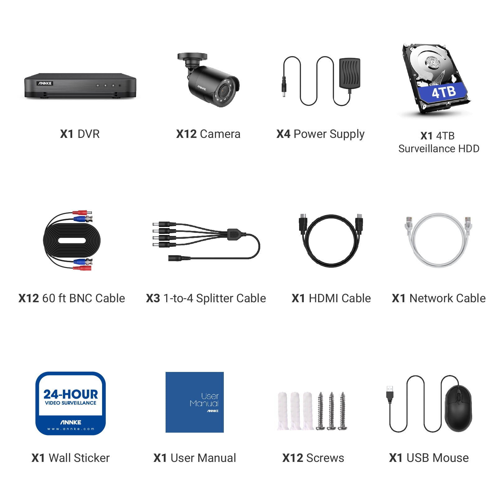 ANNKE 16-Channel 1080P DVR Security Camera System, 12 Weatherproof Cameras, IR Night Vision, 4TB HDD, Motion Detection