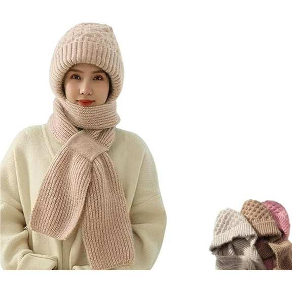 Winter Versatile Knitted Hooded Scarf for Women,Thickened Integrated Ear Protection Windproof Cap Scarf Hat