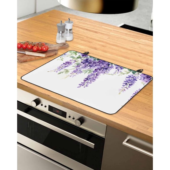 nqOlkjepod Large Induction Cooktop Protector Mat 24"x21", Purple Green Leaf Stove Top Covers for Electric Stove, Spring Watercolor Botanical Flower Stove Burner Cover Mats, Glass Top Stove Cover