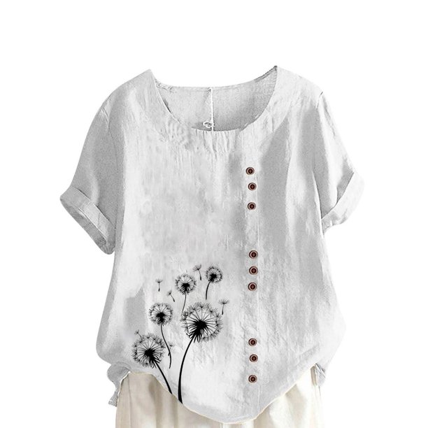 Vestidos Casuales Para Mujer, Blusas De Mujer De Moda Blusa informal de lino con cuello redondo, manga corta y botones para mujer