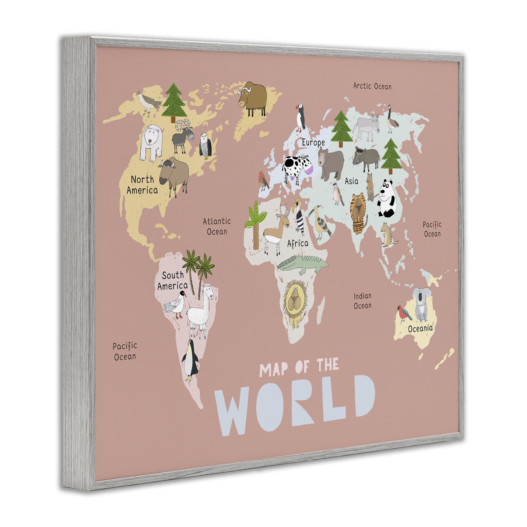 Kid's Map Of World Pink Gray Framed Giclee Art, design by Carla Daly