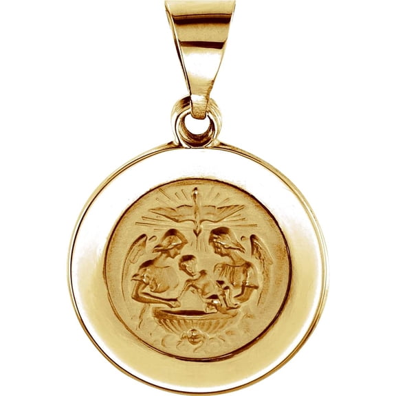 14k Yellow Gold 15mm Polished Round Hollow Baptismal Medal Pendant Necklace Pendant for Women