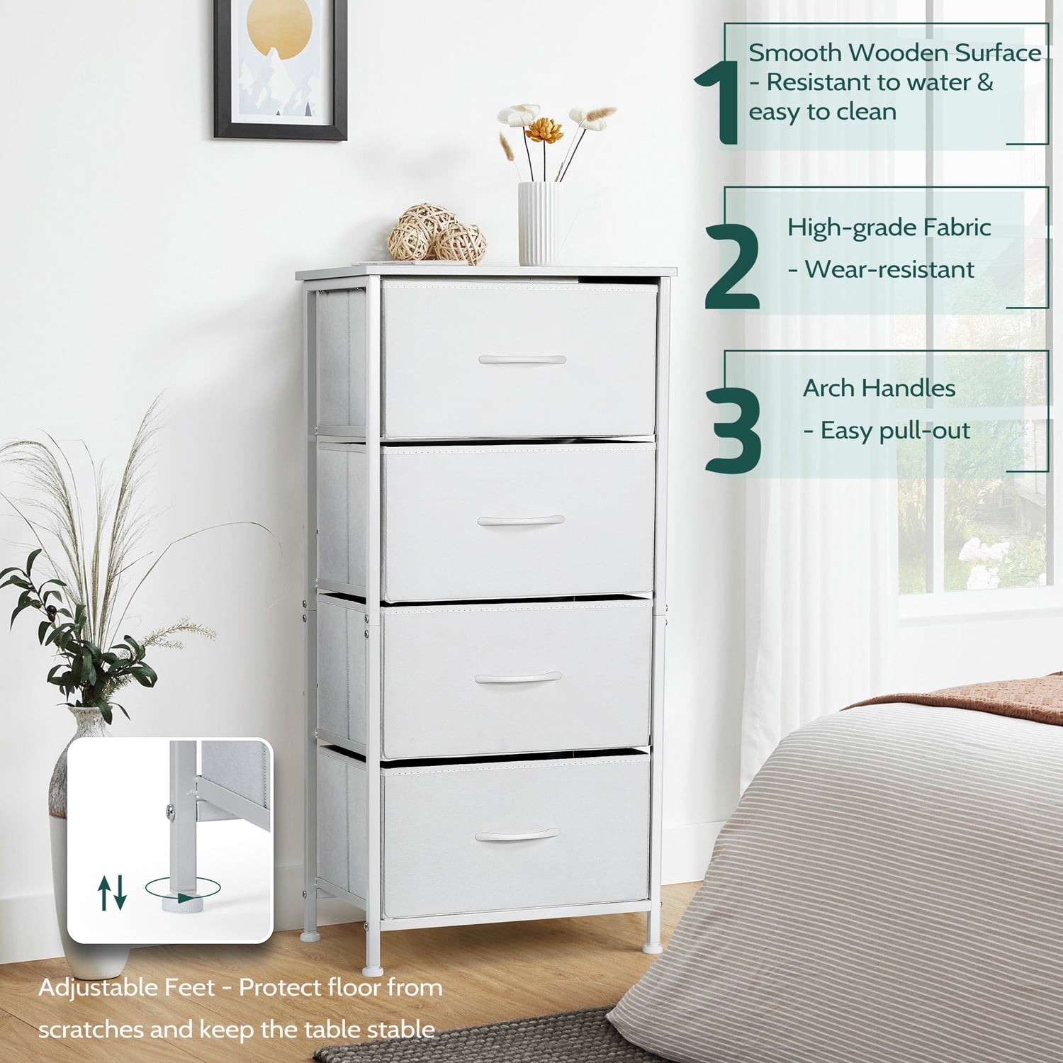 4 Drawers Dresser for Bedroom, Vesteel Fabric Chest of Drawers Tall Storage Tower with Wood Top and Sturdy Steel Frame, Storage Organizer Unit for Closet, Living Room, Hallway - White