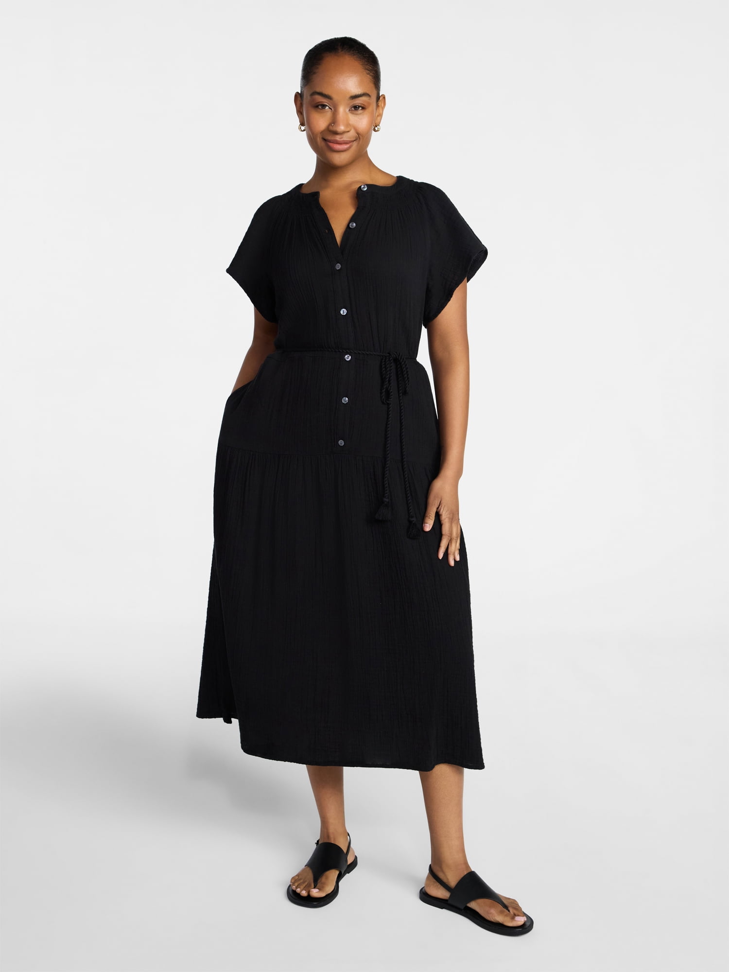Time and Tru Women's Cotton Double Cloth Midi Dress with Short Flutter Sleeves, Sizes XS-XXXL