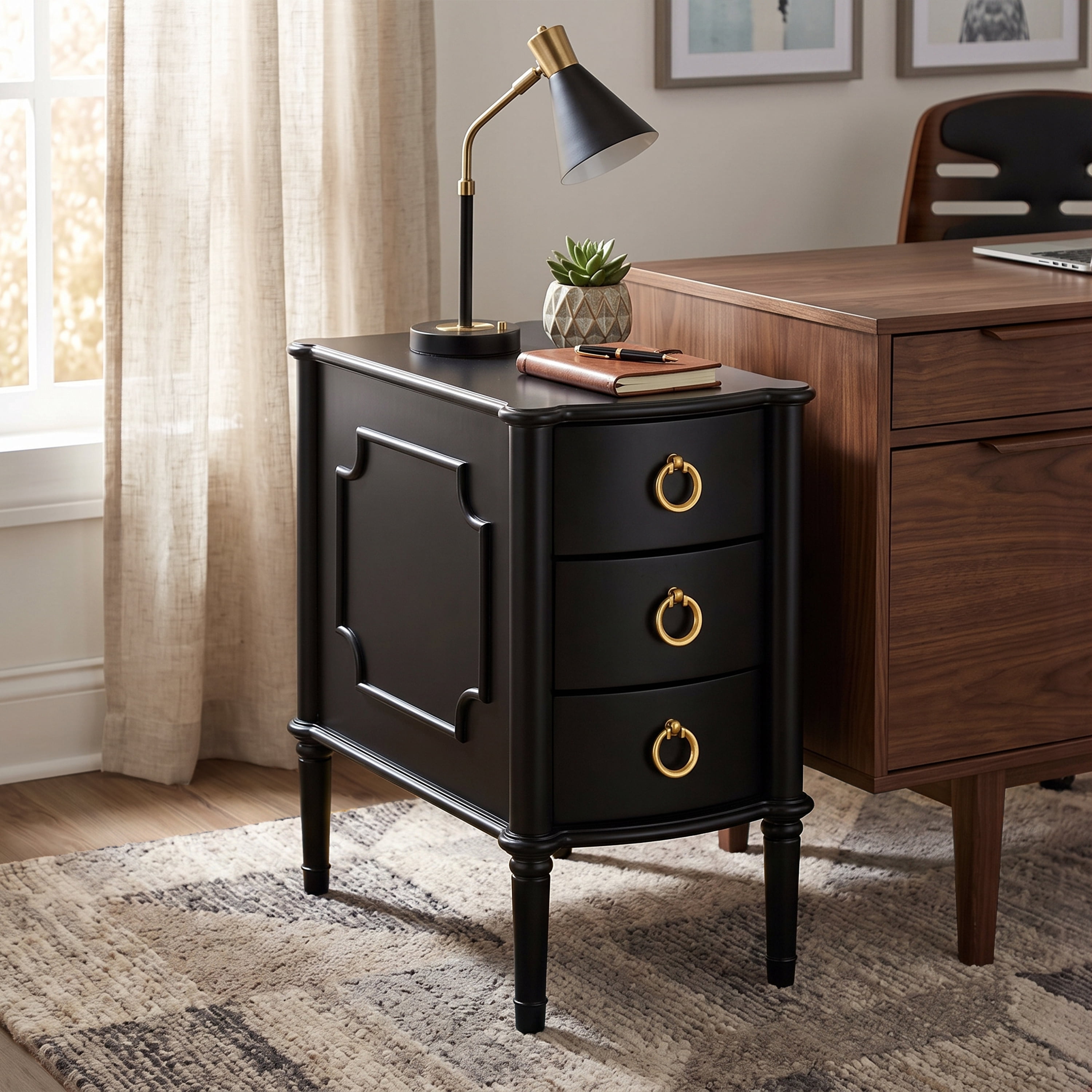 Furniture of America Ivera Modern Wood 3-Drawer Nightstand with Tapered Legs, Black