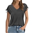 thumbnail image 2 of SDNall Short Sleeve Shirts for Women Solid Sleeve Tops Drawstrings Summer Trendy 2024 V Neck T Shirts Fashion, 2 of 9