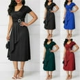 thumbnail image 1 of Femmes Élégantes Robe de Soirée Taille Haute Plaine Asymétrique Midi Robe d'Été Solide Casual Manches Courtes Robe Sundress, 1 of 5