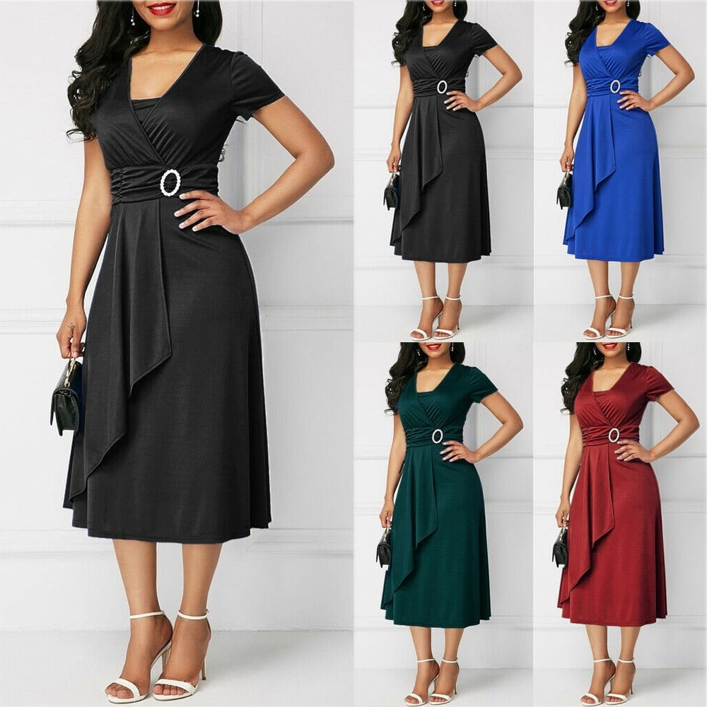 Diconna Women Elegant Party Dress High Waist Plain Asymmetric Midi Dress Summer Solid Casual Short Sleeve Dress Sundress Green
