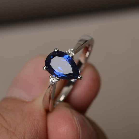 Natural Certifed Blue Sapphire Wedding Ring September Birthstone Ring Pear Cut Blue Gemstone 925 Sterling Silver Ring