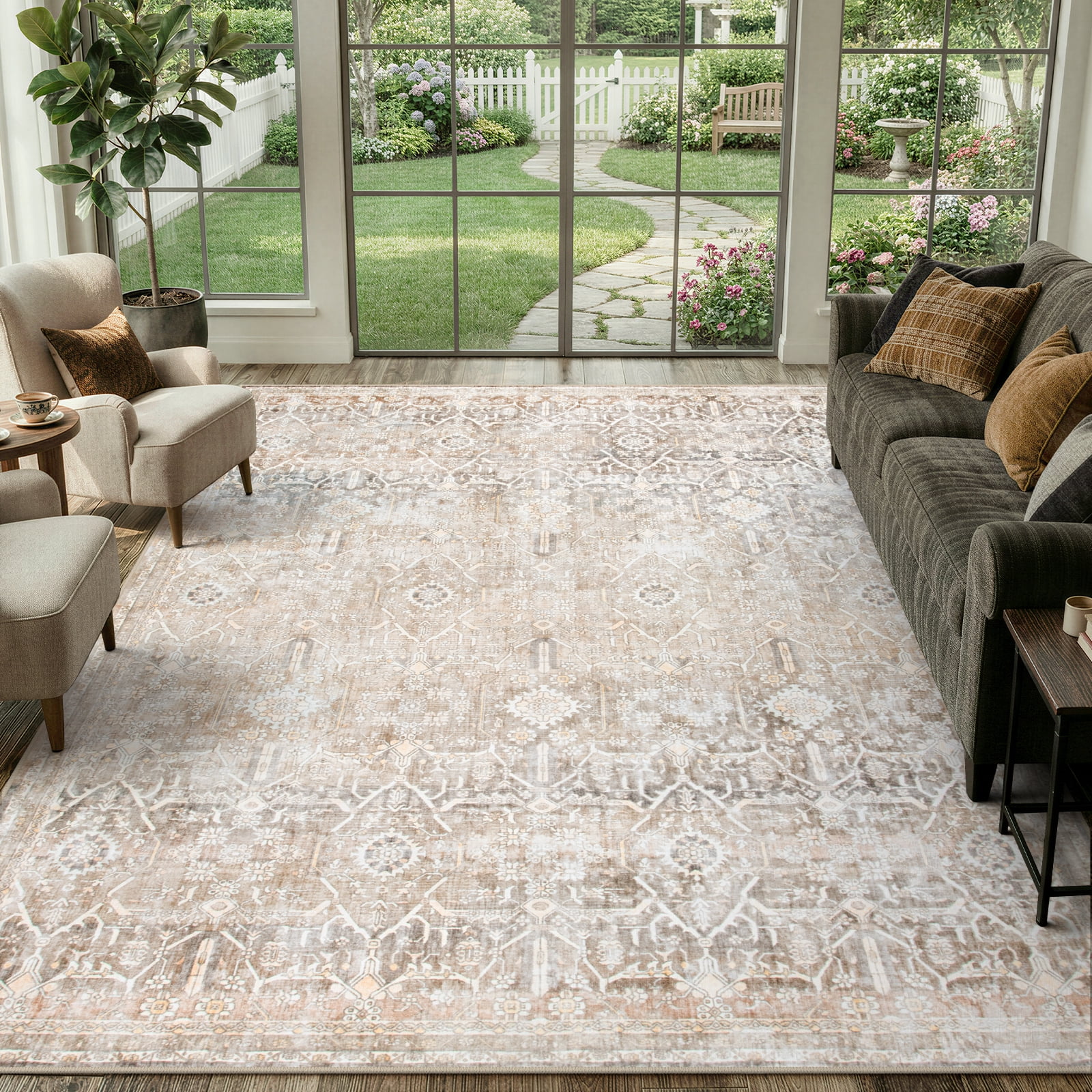 Lahome 8'x10'Washable Area Rug , Neutral Boho Rugs for Living Room Rugs,Non Slip Farmhouse Modern Bedroom Carpet Stain Resistant Aesthetic Print Accent Floor Rug for Dining Guest Office - Beige