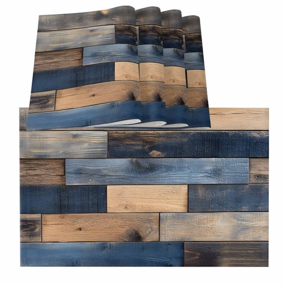 Navy Blue Brown Wood Placemats for Dinning Table Set of 6, Farmhouse Vintage Wooden Burlap Kitchen Place Mats Waterproof Cloth Table Mats, Indoor Outdoor Placemats Easy Clean Dinner Decor