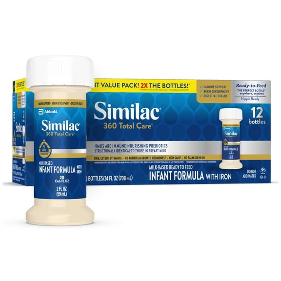 Similac 360 Total Care Ready-to-Feed Baby Formula, 2-fl-oz Bottle, Pack of 12