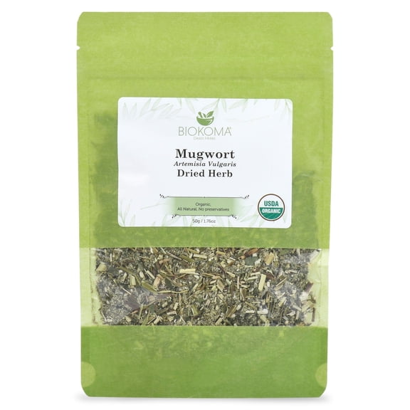 Biokoma Pure and Organic Mugwort Dried Herb 50g (1.76oz) In Resealable Moisture Proof Pouch, USDA Certified Organic - Herbal Tea, No Additives, No Preservatives, No GMO, Kosher