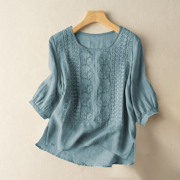 Women's Fashionable Casual Solid Color Pleated Cotton And Linen Tops Shirts And T Shirts Blue