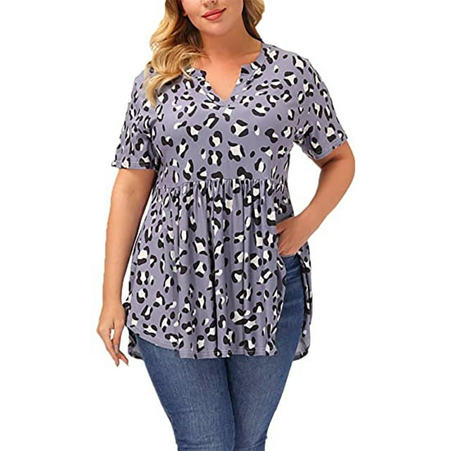 T-Shirt Imprimé pour Femmes Grande Taille à Manches Courtes à Col en V