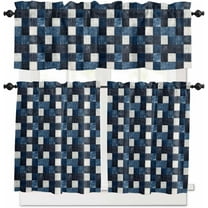 Blue White Plaid Kitchen Curtains, Modern Geometric Checkered 3-Piece Kitchen Curtain Valance and Tiers Set 36 Inch Length, Rod Pocket Half Window Curtains for Cafe Living Room Bathroom