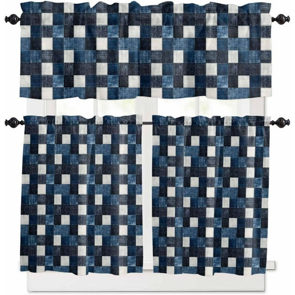 Blue White Plaid Kitchen Curtains, Modern Geometric Checkered 3-Piece Kitchen Curtain Valance and Tiers Set 36 Inch Length, Rod Pocket Half Window Curtains for Cafe Living Room Bathroom