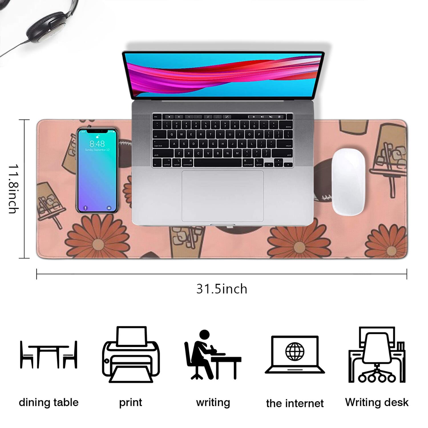 Long Mouse Pads for Desk,Pink Football and Drinks Pattern Desk Mats on Top Of Desks, Desk Mouse Pad Extra Large with 3mm Non-Slip Base and Stitched Edge for Gaming,Office,Work,Home 31.5"x11.8"