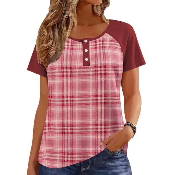 Tops de Manga Corta para las Mujeres Suelto Ajuste a Damas Rayas Impreso Botón Cuello Redondo Top Moda Casual