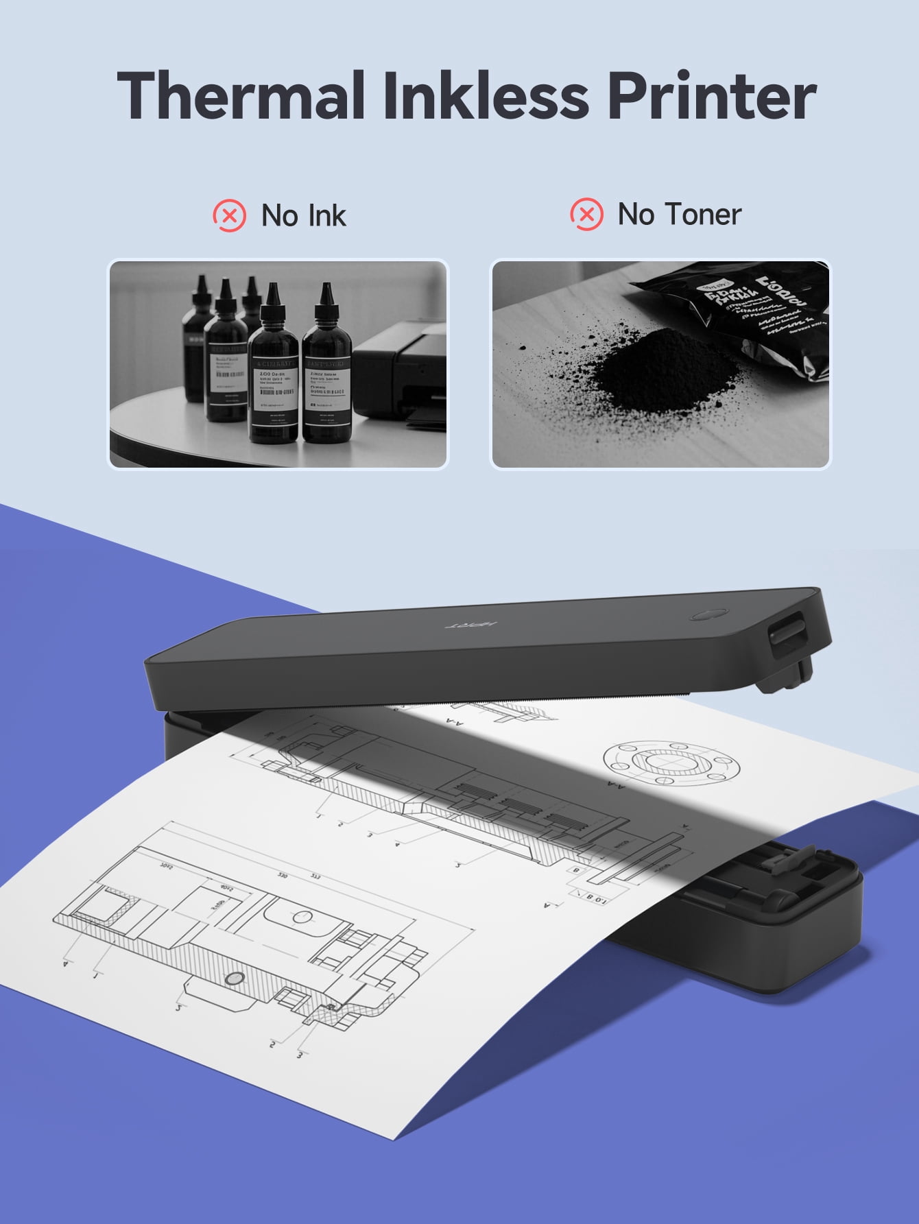HPRT 610Pro Portable Thermal Printer - 300DPI Wireless Bluetooth Inkless Printer for Travel, Office, and Home, Supports US Letter & A4