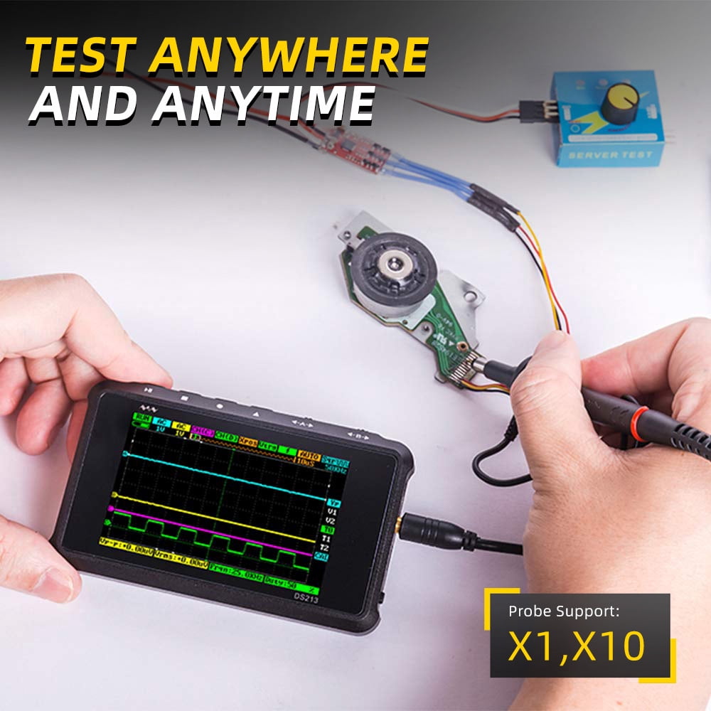 Handheld Oscilloscope DS213, Portable Oscilloscope Mini Size Handheld, Built-in Rechargeable Battery, 4 Channels, 15Mhz Bandwidth, Entry Level Oscilloscope for Beginner