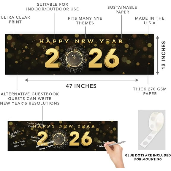 Koyal Wholesale 47x13 Happy New Year Banner Black Gold Countdown Clock NYE Décor