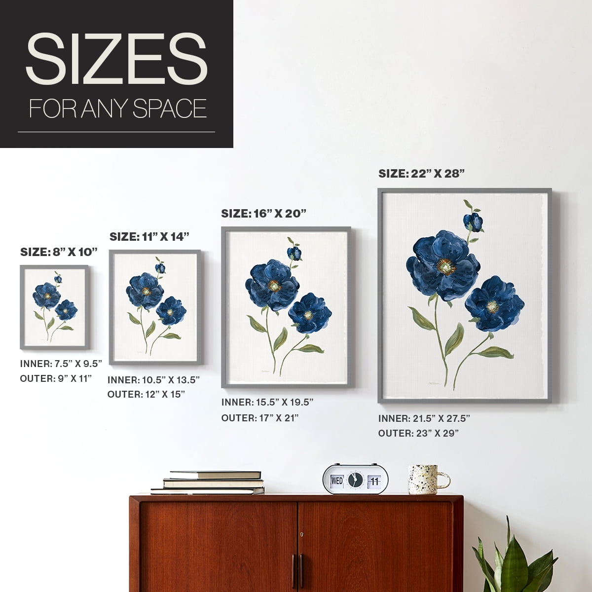 Blue Poppies Framed Print in Gray Solid Wood Framed Print No Nail Hanging