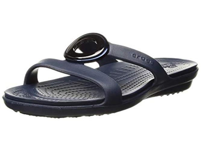 Womens Crocs Sanrah Metalblock Sandals Silver Navy Sandal Flip Flop 