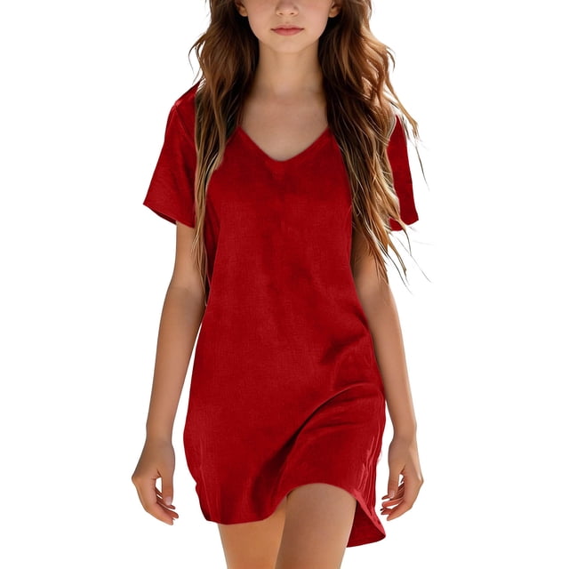 FRSASU Robe d'Été 100 % Coton pour Filles, Tendance, Col en V, Décontractée, Bohème, Robe Soleil, Printemps, Plage, Fluide, Vacances, Mini, Rouge