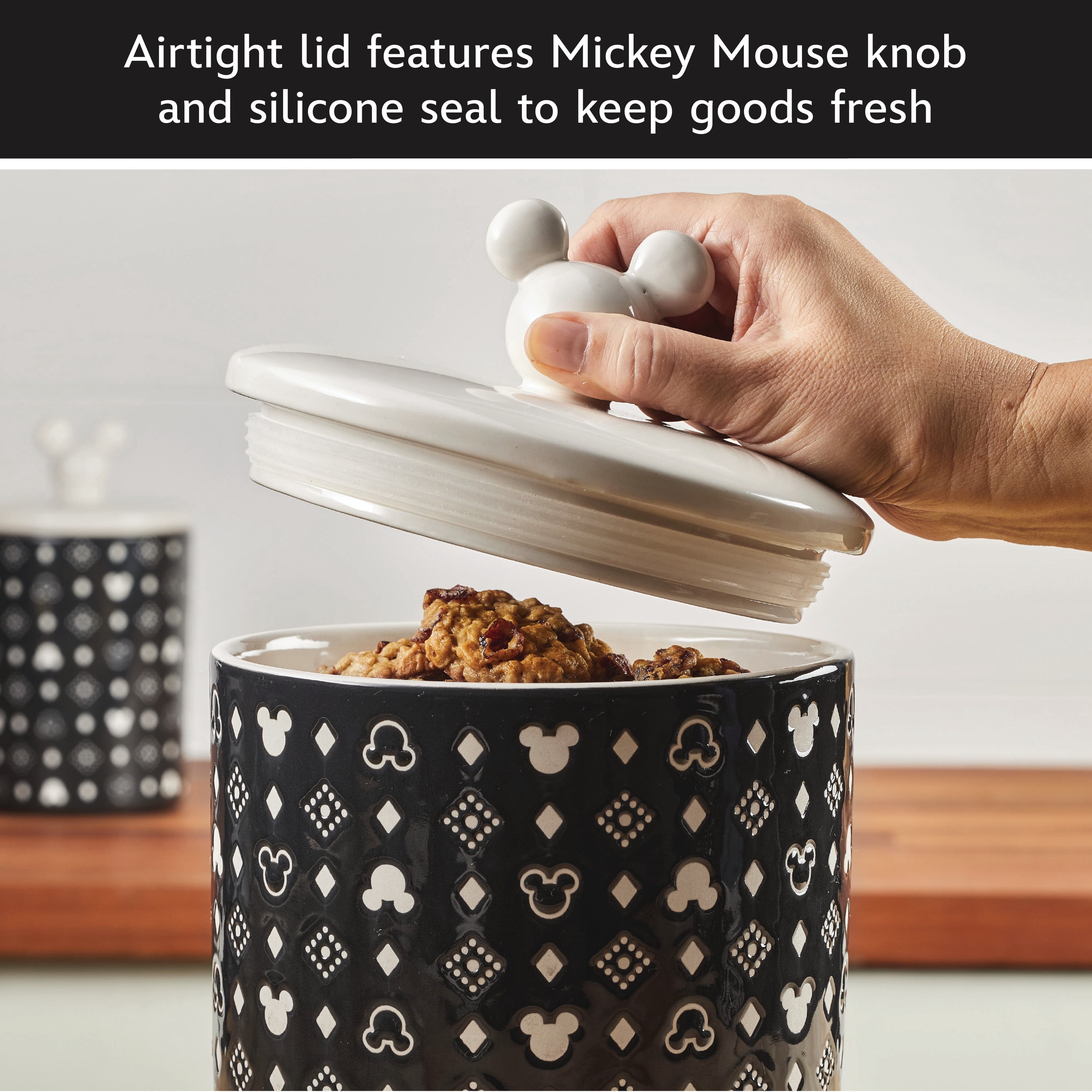 Disney Home Monochrome 12.8 Cup Extra Large Ceramic Canister and Lid with a geometric pattern featuring Mickey’s iconic silhouette, Black