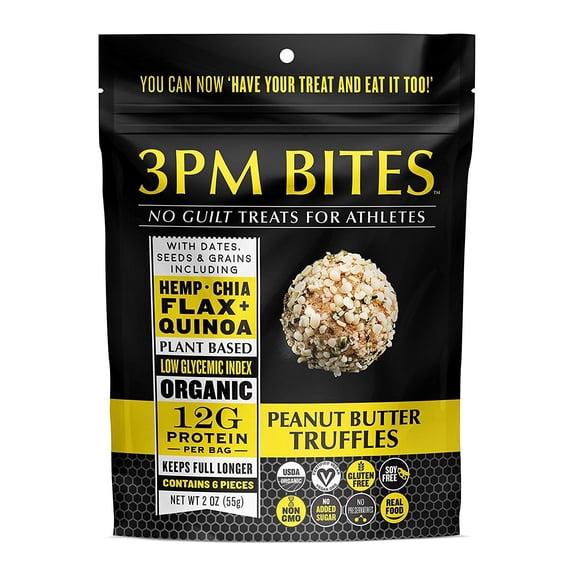 3PM Bites Organic Gluten Free Vegan Peanut Butter Truffles 2 oz Bags - Pack of 6