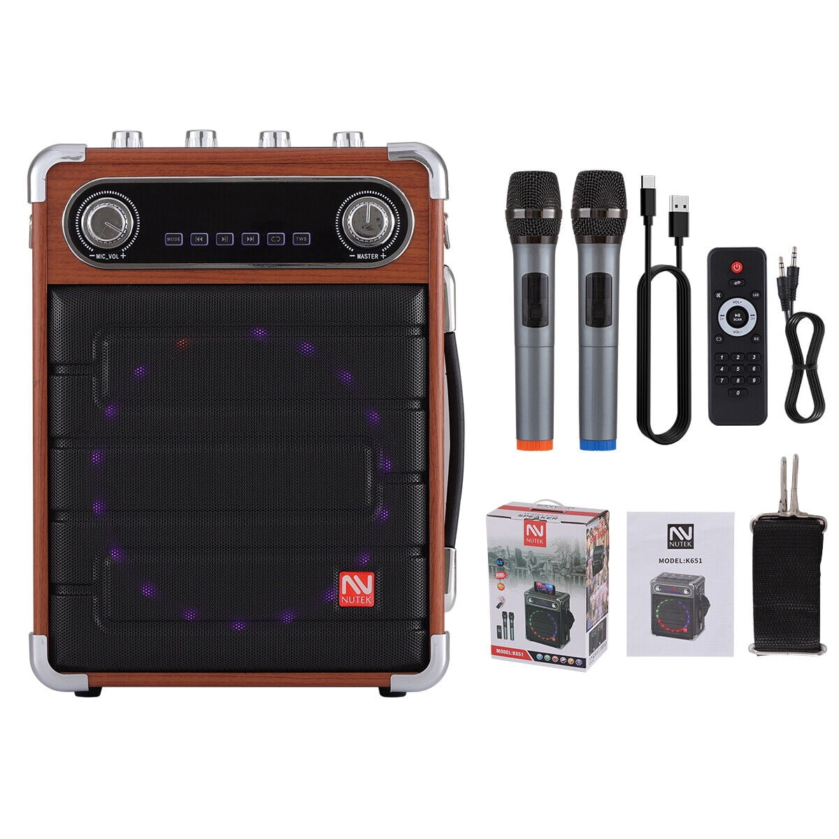 Lohoms Bluetooth Speaker Portable Karaoke Machine PA System 6.5" Woofer with 2 Wireless Microphones Remote LED Lights, Black