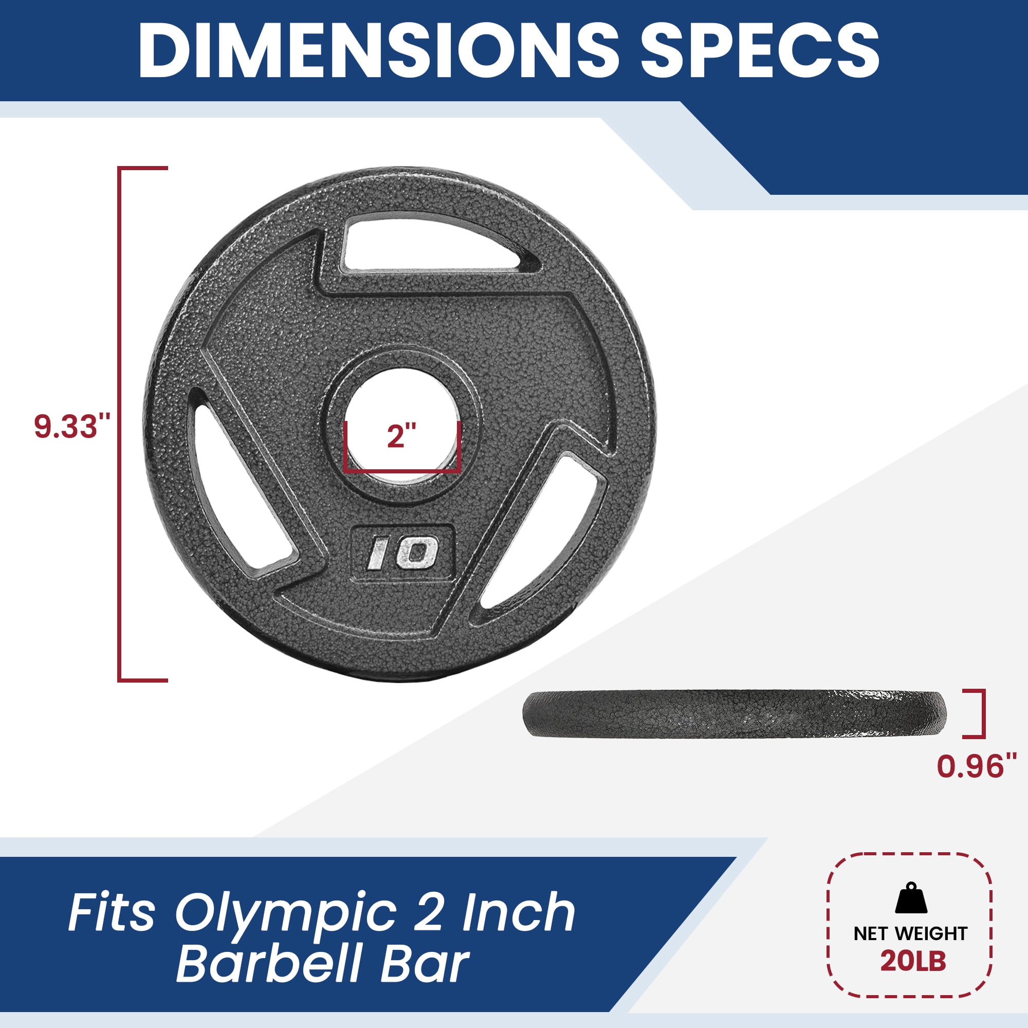 FlexWave Cast Iron Weight Plates, 2" Center Hole, Pair Set with 3-Grip Handles, Gray Rust-Resistant Finish