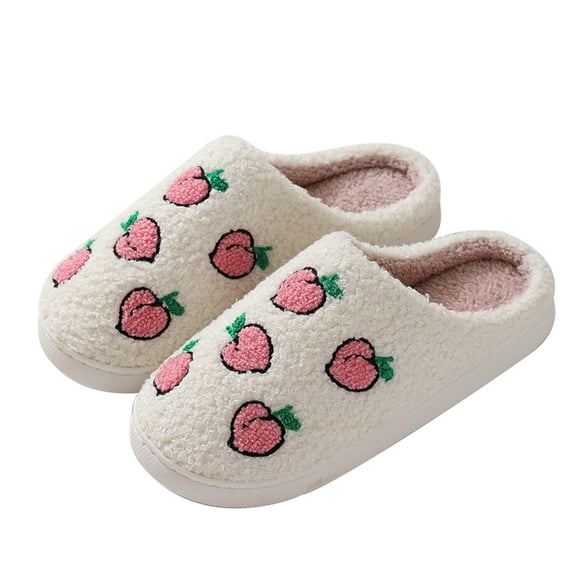 Womens Furry Slippers Large Size Soft Fleece Cute Cartoon Fruits Peach Memory Foam Soft Sole Comfortable Non-Slip Warm Winter Home Slippers Pink