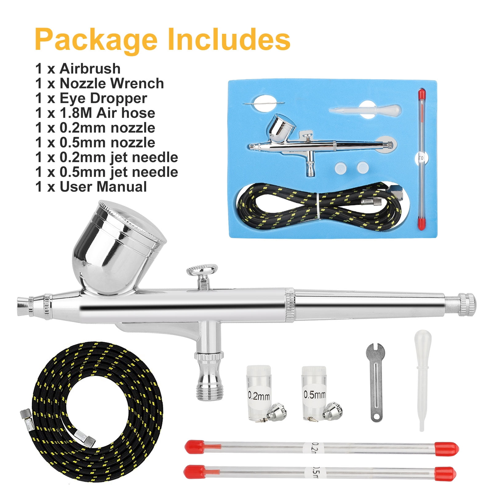 Airbrush Kit, EEEkit Handheld Auto Mini Dual-Action Airbrush Gun Set with 1.8M Air Hose, 0.2mm/0.5mm Nozzles - Silver