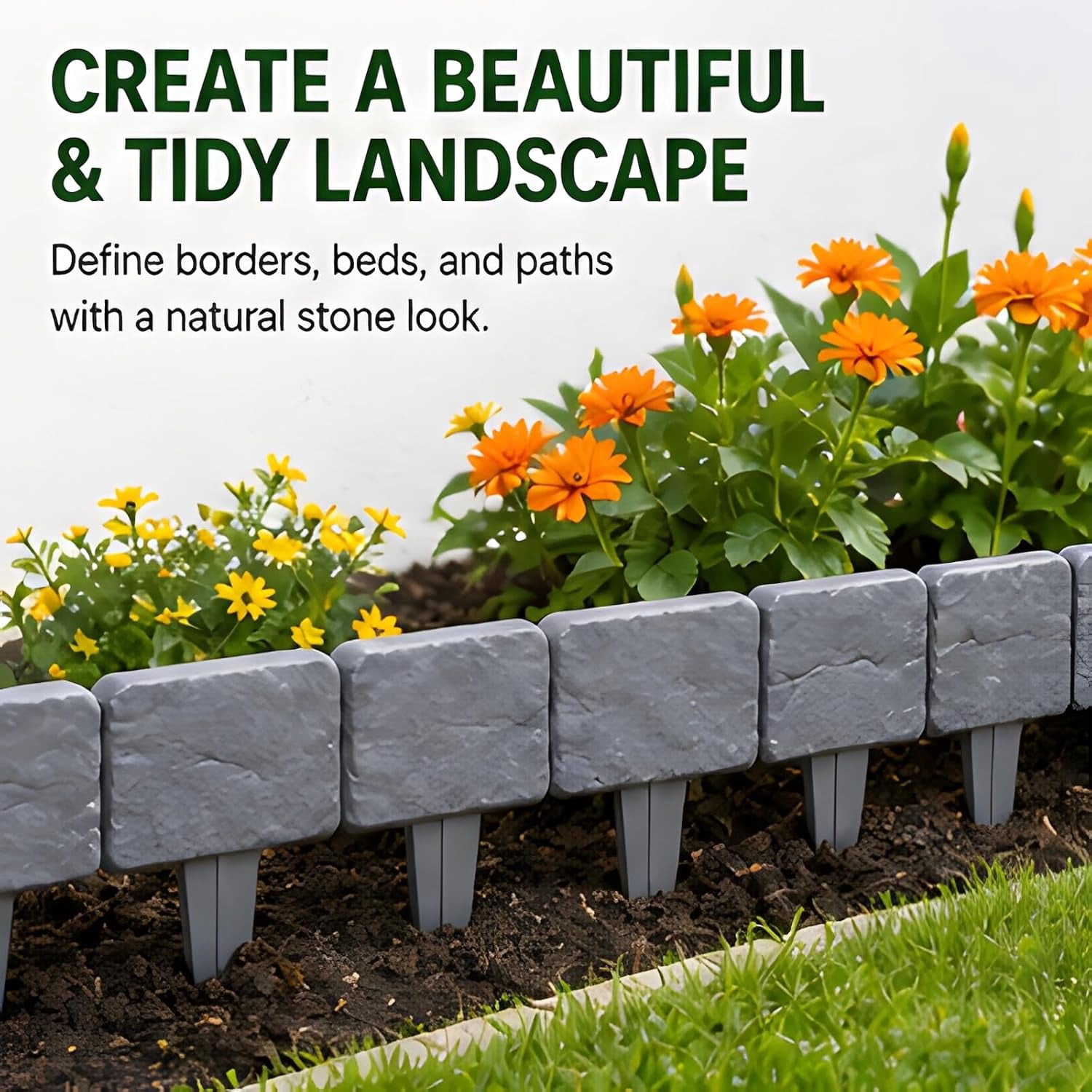 Imitation Stone Garden Fence No Dig Landscape Edging Faux Stone Garden Border Plastic Pound in Edging for Landscaping Flower Beds Yard Decorative Artificial Rock Edgers Bricks