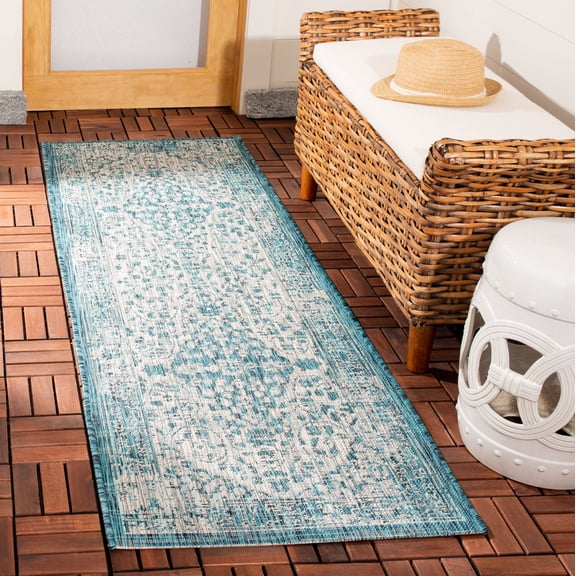 SAFAVIEH Courtyard Kebo Traditional Indoor/Outdoor Runner, 2'3" x 6'7", Teal/Cream