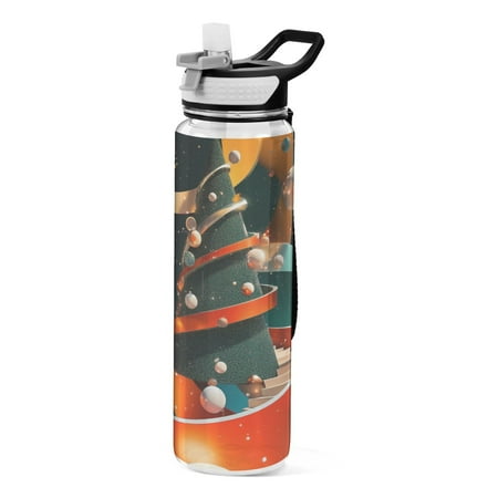 

32oz Transparent Sports Water Bottle with Straw BPA Free Tritan for Kids Adults Outdoor School Gym Fitness Three-dimensional Christmas Tree