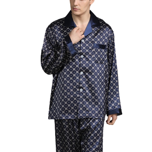 Pijama de satén para hombre, traje largo de ocio, ropa de dormir, camisa de manga larga y pantalón de pijama