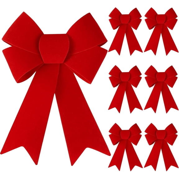 YHH 6-Pack Red Velvet PVC Christmas Bows with Adjustable Ties, 7.48 x 5.71 in, Large Indoor Outdoor Decorations for Tree, Wreath, Door and Railing