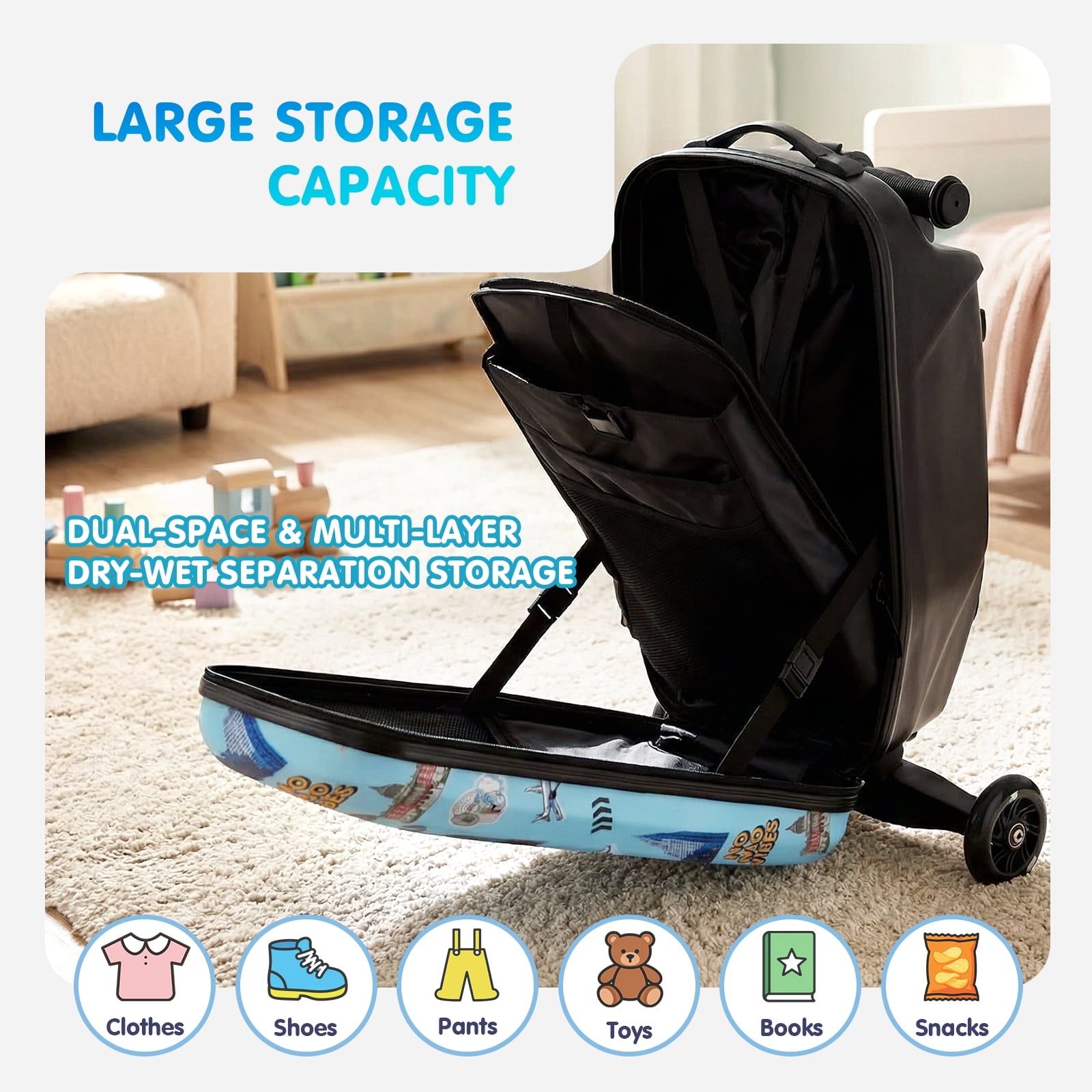 Advwin Kids Scooter Luggage with LED Wheels, 4-in-1 Detachable Foldable Ride-On Suitcase, Travel Landmark Design Hardside Carry-On Travel Luggage, Convertible Backpack, Blue